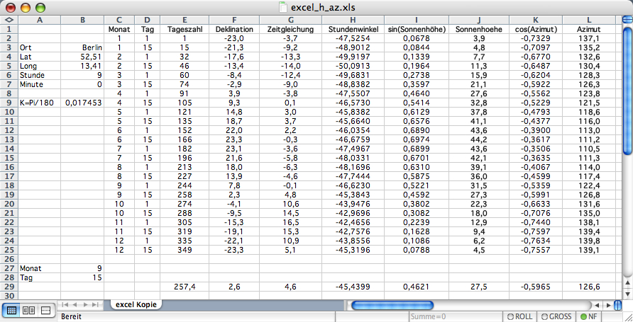 Tabellenkalkulation exel hhe azimut